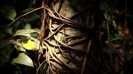 Fototapeta premium A tree trunk bound by thick vines in a forest, sunlight filtering through leaves.