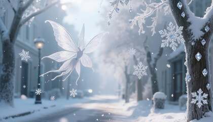 Winter fairy flying among snowflakes in a snowy street scene  