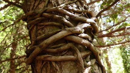 A tree trunk bound by thick vines in a forest, sunlight filtering through leaves.