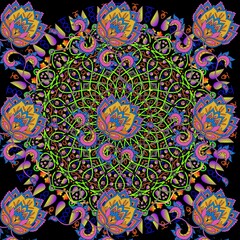 Psychedelic Neon Floral Mandala Vector Art - 1