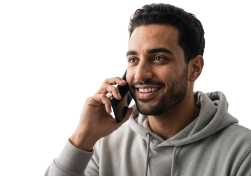 Young man enjoying a phone conversation while smiling in a bright setting during the day