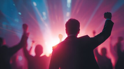 Excited Business Team Celebrating Success with Raised Fists at Event