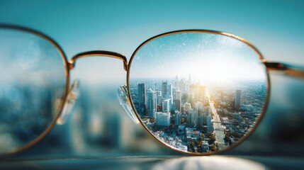 Vibrant Cityscape Reflected in Glasses Symbolizing Business Growth