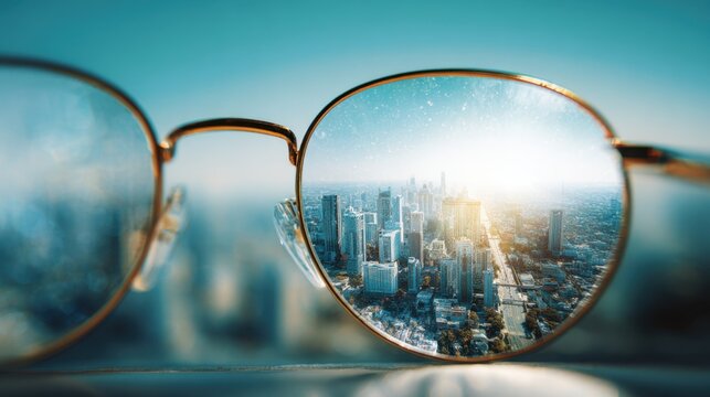 Vibrant Cityscape Reflected in Glasses Symbolizing Business Growth
