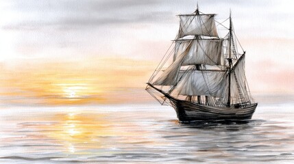 Obraz premium Golden hour sailing seaman s ocean adventure at sunset seaman navigates open sea during golden hour sun setting beautifully over horizon