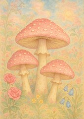 Whimsical mushrooms in pastel landscape.