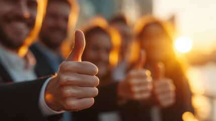 Diverse Businesspeople Giving Thumbs Up Gesture at Sunset Together