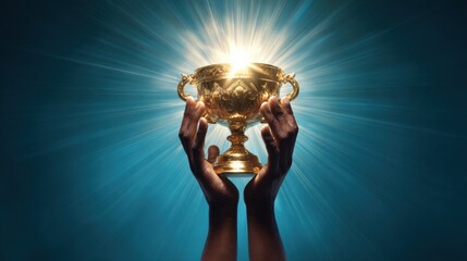 Hands Holding Golden Trophy with Radiant Light Background