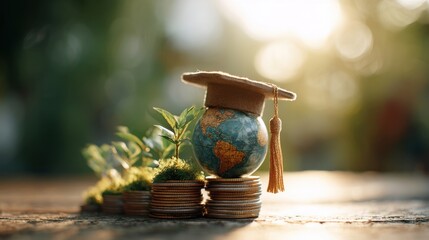 Graduation Ceremony Theme with Earth Globe and Green Plants