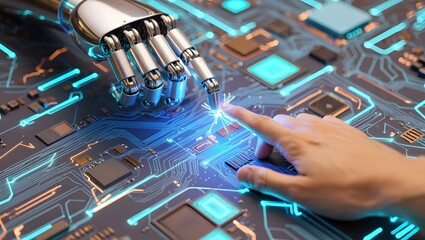 man hand holding a computer chip with robotic hand 