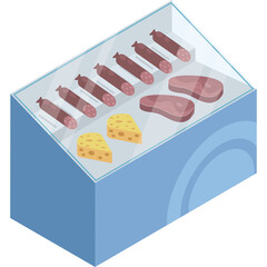 Isometric display case filled with various deli meats sausages steaks and cheese cubes against a light blue background with circular graphic elements
