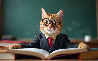 Funny cat professor at school, university, college, with books, in a suit and glasses against the background of the blackboard. Back to School, Knowledge Day, September 1. AI generated. High quality