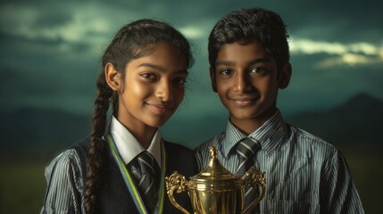 Young Indian Schoolchildren Celebrate Achievement with Trophy