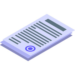 Isometric document with purple seal and text on a transparent background in a clean design representing official paperwork or contracts