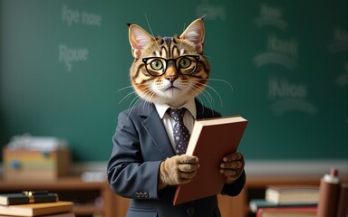 Funny cat professor at school, university, college, with books, in a suit and glasses against the background of the blackboard. Back to School, Knowledge Day, September 1. AI generated. High quality