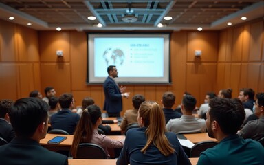 Lecturer and multinational group of students in an auditorium. High quality