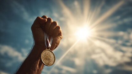 Man Raises Hand Holding Gold Medal Against Bright Sky Background