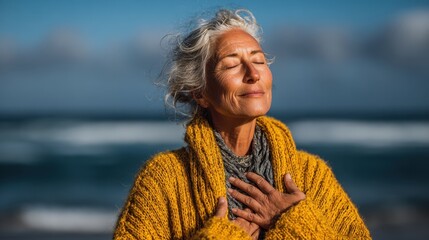 Middle-Aged Woman Meditating by the Ocean with Hands on Chest