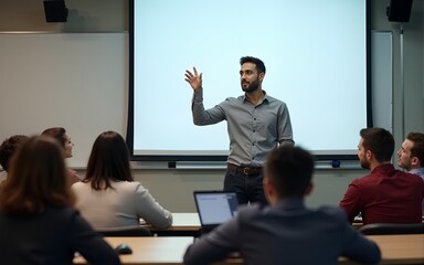 A young male professor gives a presentation to a class of students. He stands at the front of the classroom with his hand raised, gesturing towards a projection screen, while the students sit at desks