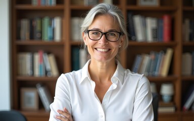 Portrait of  senior businesswoman wearing glasses head shot in a white shirt, crossed hands looking at the camera with a warm friendly smile against the background of a bookcase. High quality