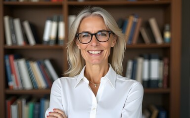Portrait of  senior businesswoman wearing glasses head shot in a white shirt, crossed hands looking at the camera with a warm friendly smile against the background of a bookcase. High quality