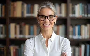 Portrait of  senior businesswoman wearing glasses head shot in a white shirt, crossed hands looking at the camera with a warm friendly smile against the background of a bookcase. High quality