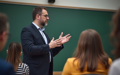 Medium full shot of adult male college professor giving lecture on law in university classroom while student raising hand asking question. High quality