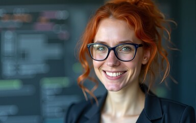 Portrait of red hair female professor. She lecture about new technologies and software development. High quality
