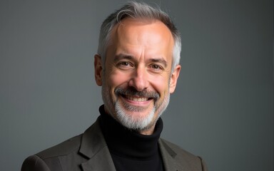 Friendly middle-aged man in turtleneck and blazer. High quality