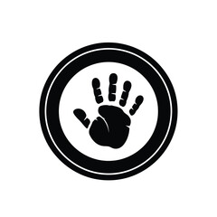 Black handprint inside a black circle on white background