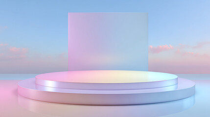 A sleek, minimalist podium stage with a soft, ethereal pastel gradient against a serene sky background. It's perfect for product presentation, displays.