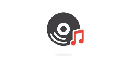 4K animation of A vinyl record with a bold red music note conveys music, audio, and entertainment themes. Ideal for stock listings related to music, records, streaming, and creative media projects.