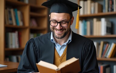 Academic professor smiling and reading a book. High quality