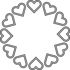Circular frame made of heart shapes arranged symmetrically on a white background, Hearts drawn in a circle for romantic designs, wedding invitations, love decorations, happy valentines day .