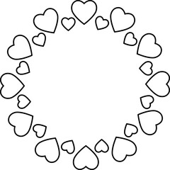 Circular frame made of heart shapes arranged symmetrically on a white background, Hearts drawn in a circle for romantic designs, wedding invitations, love decorations, happy valentines day .