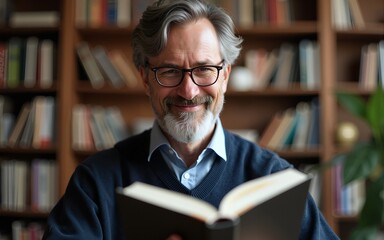 Academic professor smiling and reading a book. High quality