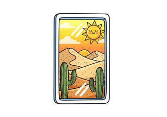 Obraz premium Vibrant hand drawn desert landscape with cacti and sun displayed on a smartphone screen