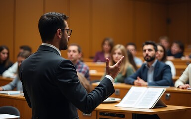 Speaker lecturing in lecture hall at university. Students listening to lecture and making notes. High quality