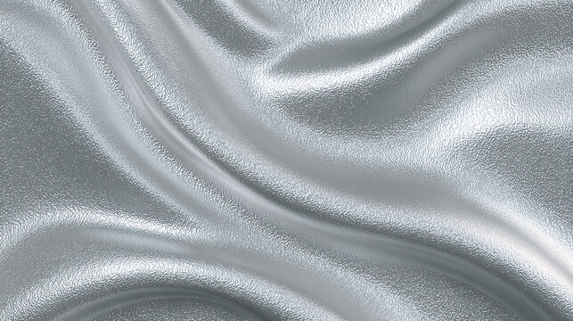 Luxurious silver fabric flowing gracefully, creating a sense of elegance and sophistication. The texture of the fabric is smooth and the way it drapes creates a dynamic and appealing visual