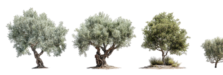 Row of four olive trees with gnarled trunks, on a black BG