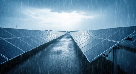 Rain Falling on Large Solar Panel Array Generating Clean Sustainable Energy