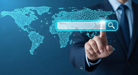 Businessman touching a glowing search bar on a digital world map, symbolizing global online search and connectivity.