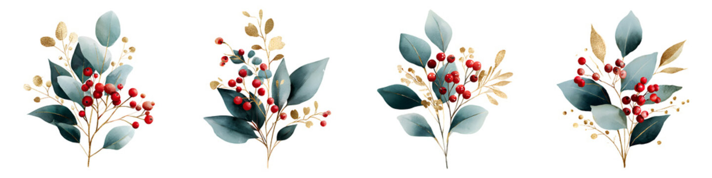 Watercolor holly berries and eucalyptus bouquet with gold accents, set on transparent background