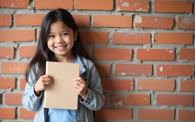 Girl standing against the brick wall and holding book. High quality