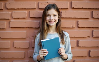 Girl standing against the brick wall and holding book. High quality