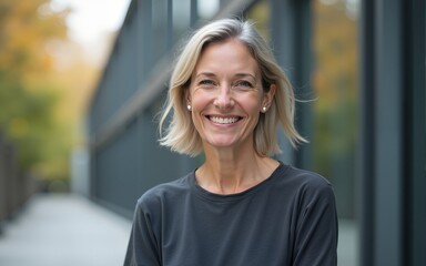 One woman mature or senior caucasian female standing in front of the building university professor or company manager in day waist up portrait front view copy space real people smile. High quality