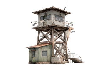 Dilapidated wooden watchtower with small shack addition