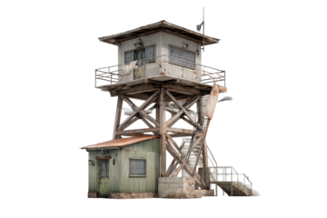 Dilapidated wooden watchtower with small shack addition