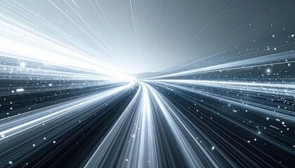 A dynamic perspective showcases streaks of bright light emerging from a central point, simulating rapid movement and speed
