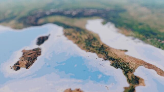 Stylized flight over a miniature 3D map.